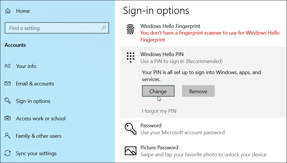 schimbați adăugați PIN Windows 10