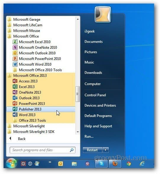 ambele versiuni Office Start Windows 7