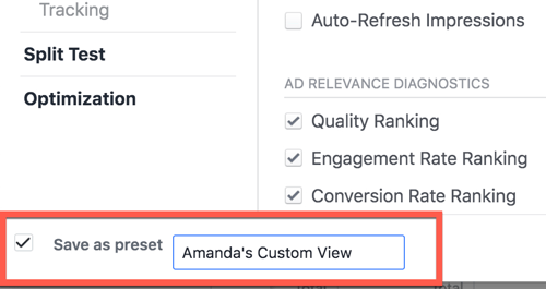 Salvarea unei vizualizări de raport personalizate în Facebook Ads Manager.