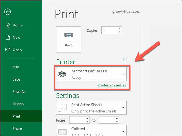 Opțiunea imprimantă în format PDF în Excel