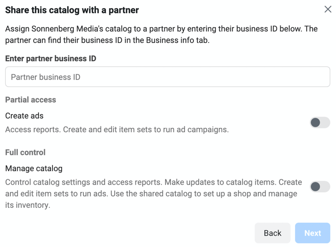 imagine a ecranului Partajați acest catalog cu un partener în Meta Business Manager