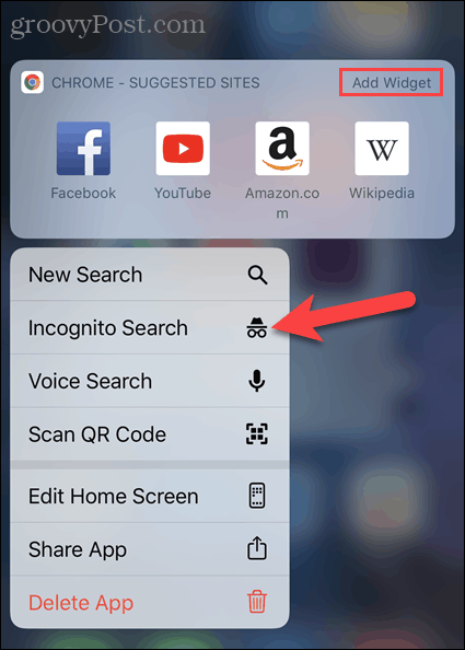 Atingeți Filă nouă incognito din pictograma aplicației Chrome pe iOS