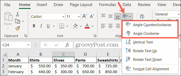 Alegeți un unghi de orientare în Excel pentru a roti textul