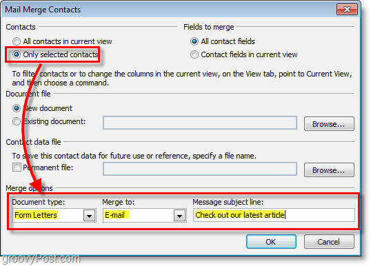 Captura de ecran Outlook 2010 - asigurați-vă că opțiunile sunt corecte în cadrul contactelor de îmbinare prin poștă