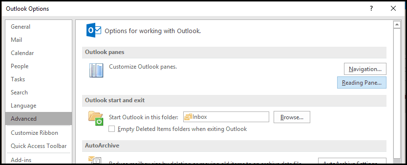 Panoul-opțiuni Outlook-lectură-