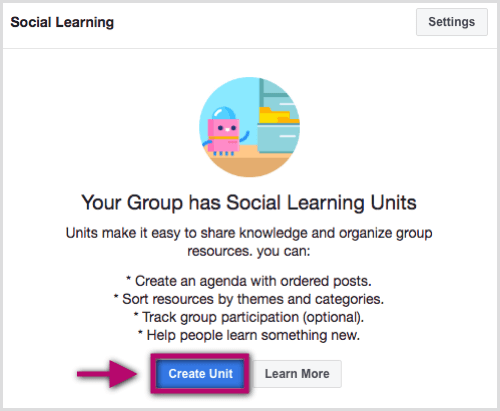 Navigați la fila Unități din grupul dvs. Facebook și faceți clic pe Creați unitate.