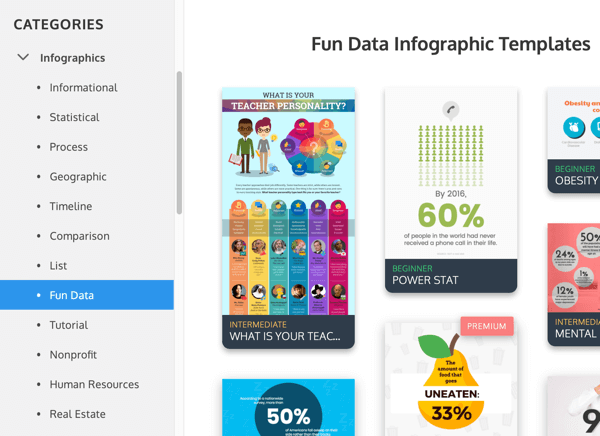 Exemple de categorii infografice Venngage din Fun Data.