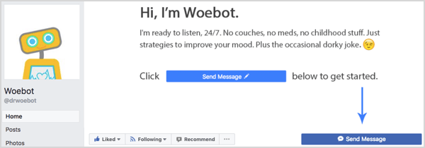 Butonul Trimite mesaj de pe pagina de Facebook Woebot.