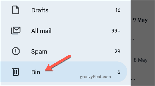 Deschiderea coșului de gunoi în Gmail pe mobil