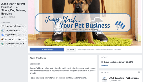 Cum se utilizează funcțiile Grupuri Facebook, exemplu de grup pentru Jump Start Your Pet Business