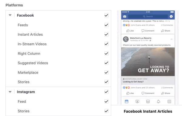 Opțiuni de plasare a campaniei Facebook