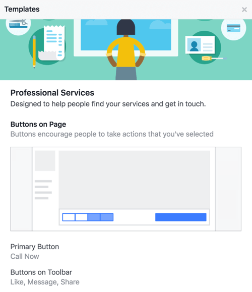 Aflați ce butoane și apeluri la acțiune vin împreună cu șablonul paginii dvs. Facebook.