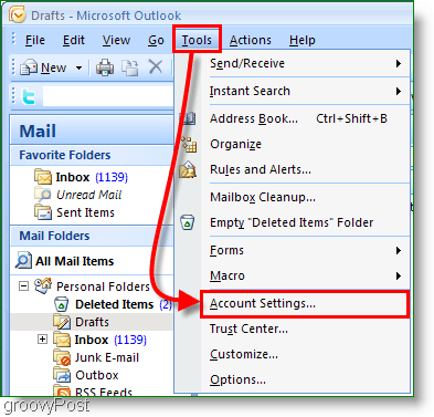 Captura de ecran a calendarului Outlook 2007 - Setări cont