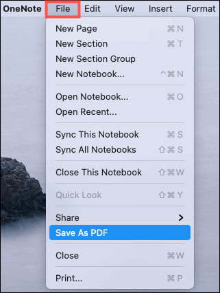 Salvați ca PDF OneNote Mac
