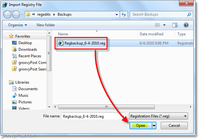 selectarea restaurării registrului în Windows 7 și Vista pentru import