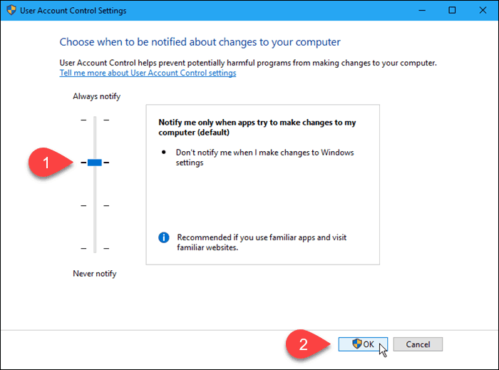 Cum dezactivați sau modificați setările UAC (Controlul contului de utilizator) în Windows