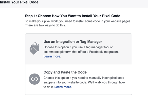 Alegeți ce metodă doriți să utilizați pentru a instala pixelul Facebook.