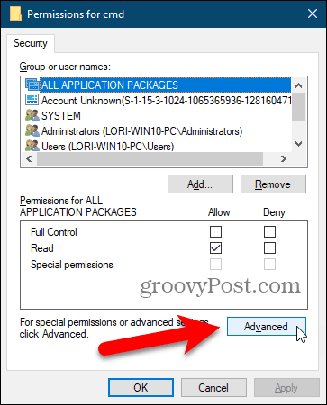 Faceți clic pe Advanced în caseta de dialog Permissions din Registrul Windows