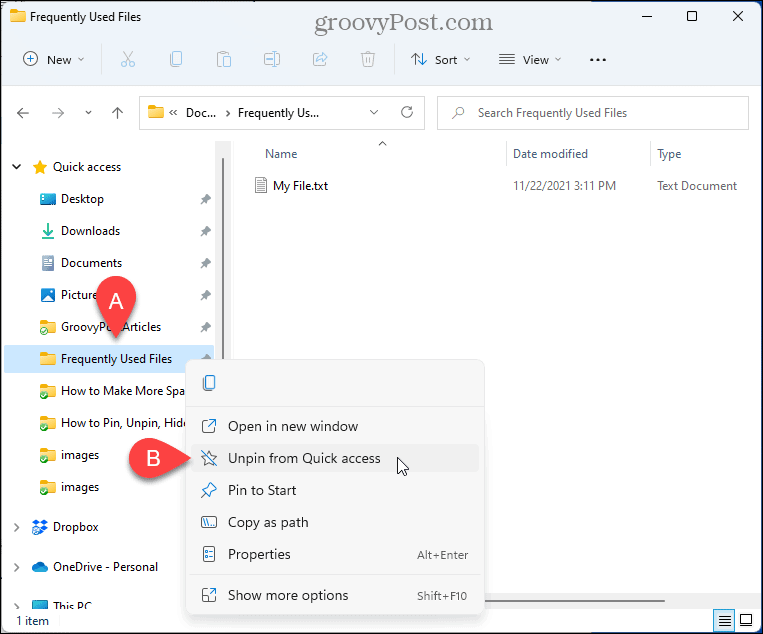 Selectați Anulați fixarea din Acces rapid în File Explorer