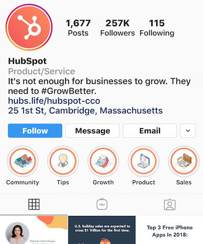 Instagram scoate în evidență albume pe profilul HubSpot