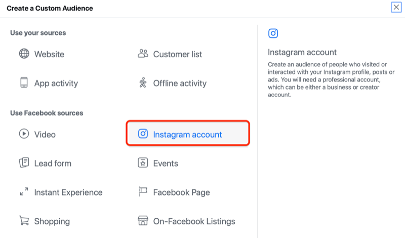 Managerul de reclame pe Facebook creează un meniu public personalizat cu opțiunea de cont instagram evidențiată