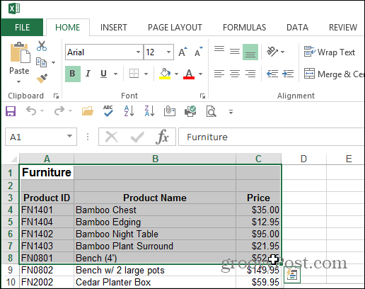 Selectați documentul Excel Area