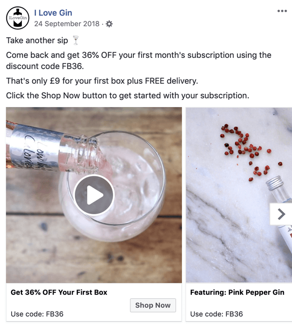 Cum să creați anunțuri de acoperire Facebook, pasul 8, exemplu de reclame publicitare de I Love Gin