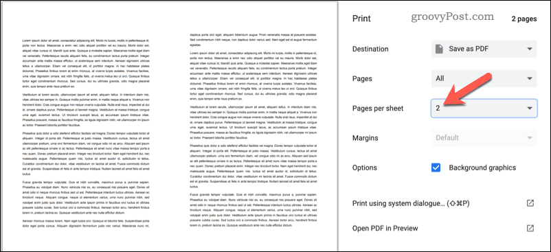 Imprimarea a două pagini pe coală în Google Docs
