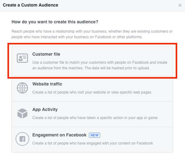 Selectați Fișier client atunci când creați un public de e-mail personalizat pe Facebook.