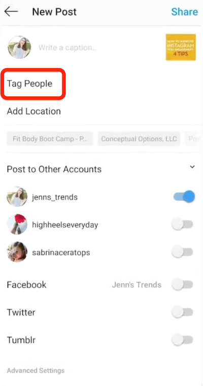 opțiune de postare instagram nouă pentru etichetarea persoanelor