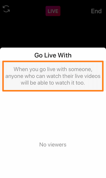 captură de ecran a Instagram Live care afișează mesajul, Când treci live cu cineva, oricine își poate viziona videoclipurile live îl va putea viziona și el.