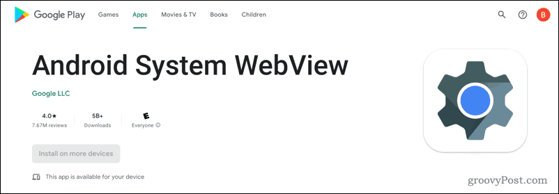 Sistem Android WebView în Magazin Google Play