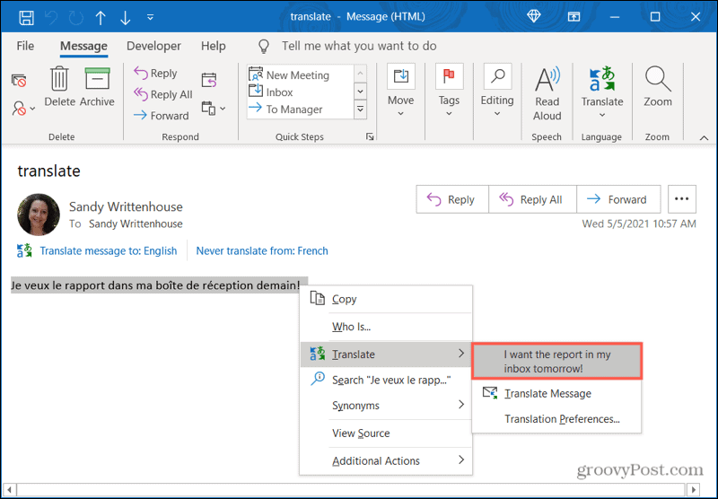 Faceți clic dreapta pentru a traduce în Outlook