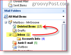 Captură de ecran Outlook 2007 care explică faptul că elementele șterse sunt mutate în folderul articole șterse