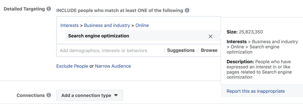 Exemplu de direcționare standard pe Facebook pentru interes Optimizarea motorului de căutare, rezultând un public prea mare, la 25 de milioane.