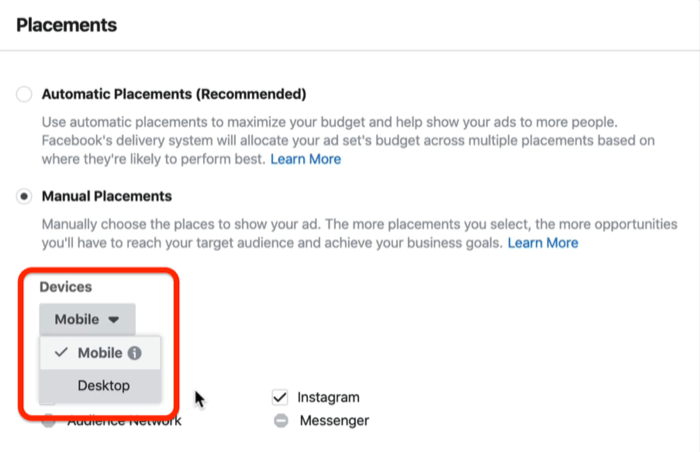 Opțiunea mobilă este bifată în meniul derulant Dispozitive din secțiunea Destinații de plasare din Managerul de anunțuri Facebook