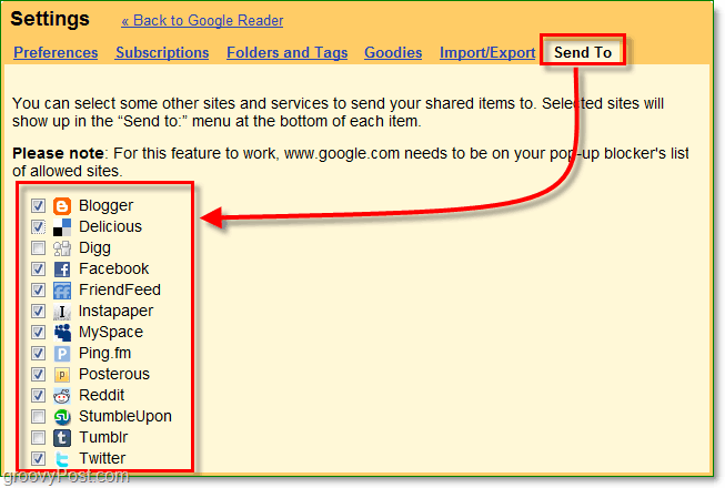 folosiți fila „Send to to google reader” pentru a selecta site-urile care apar pe lista dvs. de trimitere