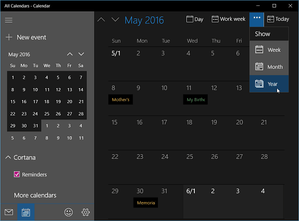 Aplicația Calendar pentru Windows 10 Insider Build 11099 Obține o vedere a anului