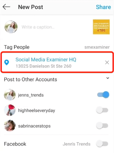 opțiune de postare nouă pe instagram care arată o locație selectată pentru etichetare