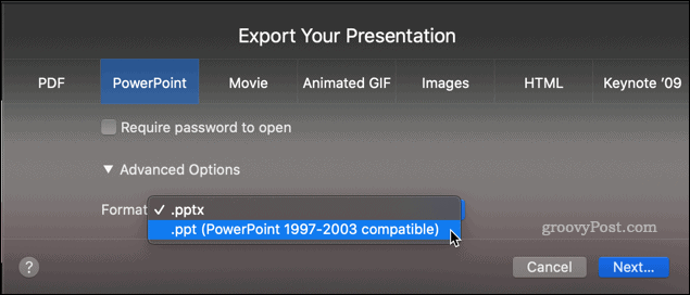 Exportarea unei prezentări Keynote ca fișier PPT