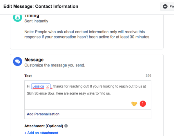 captură de ecran a interfeței de configurare pentru răspunsul automat al informațiilor de contact Facebook Messenger
