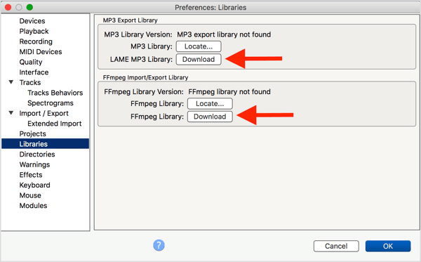 Instalați codificatorul opțional LAME MP3 și biblioteca FFmpeg cu Audacity.