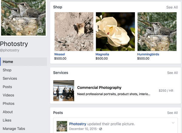 Așa arată aspectul paginii Facebook dacă poziționați mai întâi filele Magazin și Servicii.
