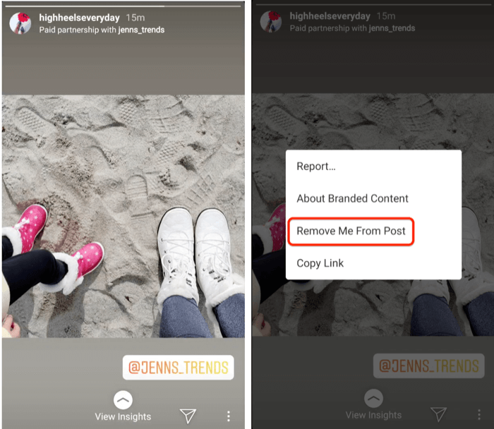 eliminați contul etichetat din conținutul de marcă Instagram