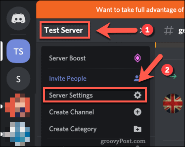 Opțiunea de setări a serverului Discord