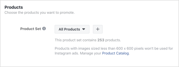 Faceți clic pe semnul + din secțiunea Produse la nivelul anunțului din campania dvs. Facebook.