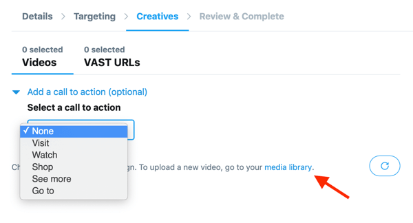 Opțiuni pentru a seta un apel la acțiune pentru videoclipul găzduit pe Twitter pentru anunțul dvs. Twitter In-Stream Video Views (Pre-Roll).