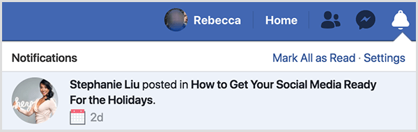 Aceasta este o captură de ecran a unei notificări de evenimente Facebook de la Stephanie Liu. Notificarea spune „Stephanie Liu a postat în Cum să vă pregătiți rețelele sociale pentru sărbători”.