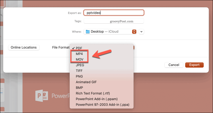 Selectarea formatului de fișier de export în PowerPoint pe Mac