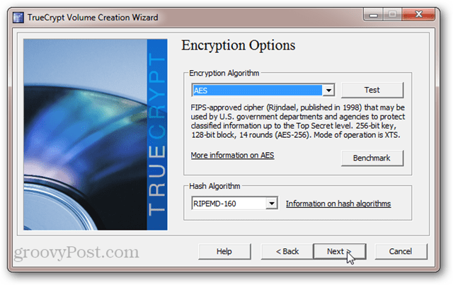 Opțiuni de criptare TrueCrypt: AES, SerpentFish, Twofish, Cascades